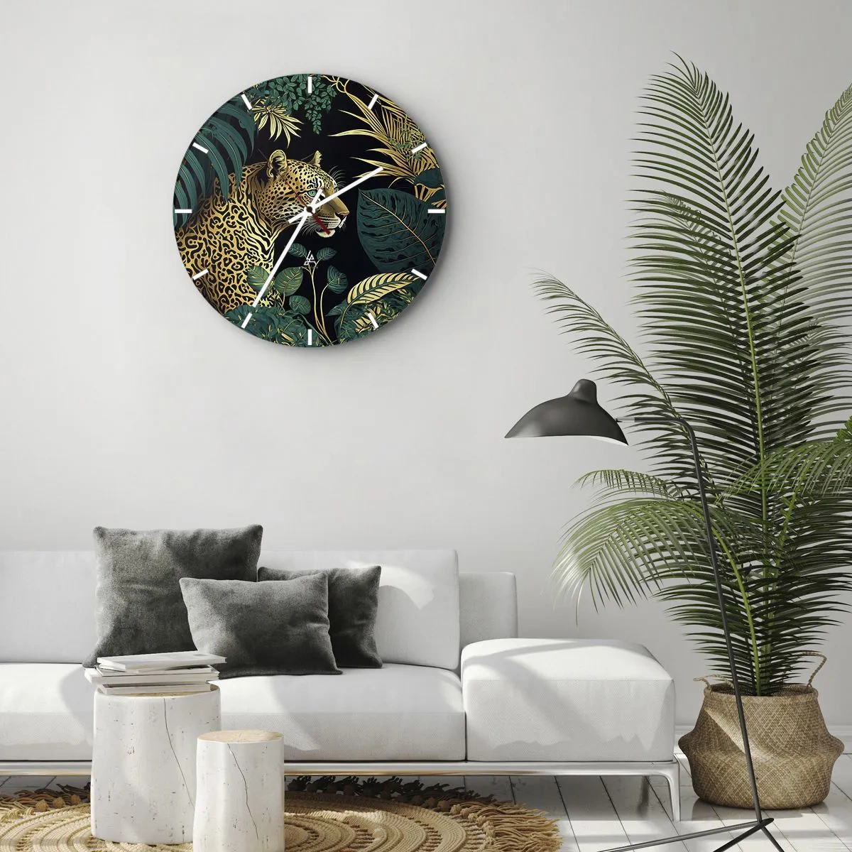 Wall clock - Clock on glass - Leopard among tropical leaves on a black background - 30x30cm - Host in the Jungle - Modern wall decoration for the living room, kitchen, and bedroom ARTTOR
