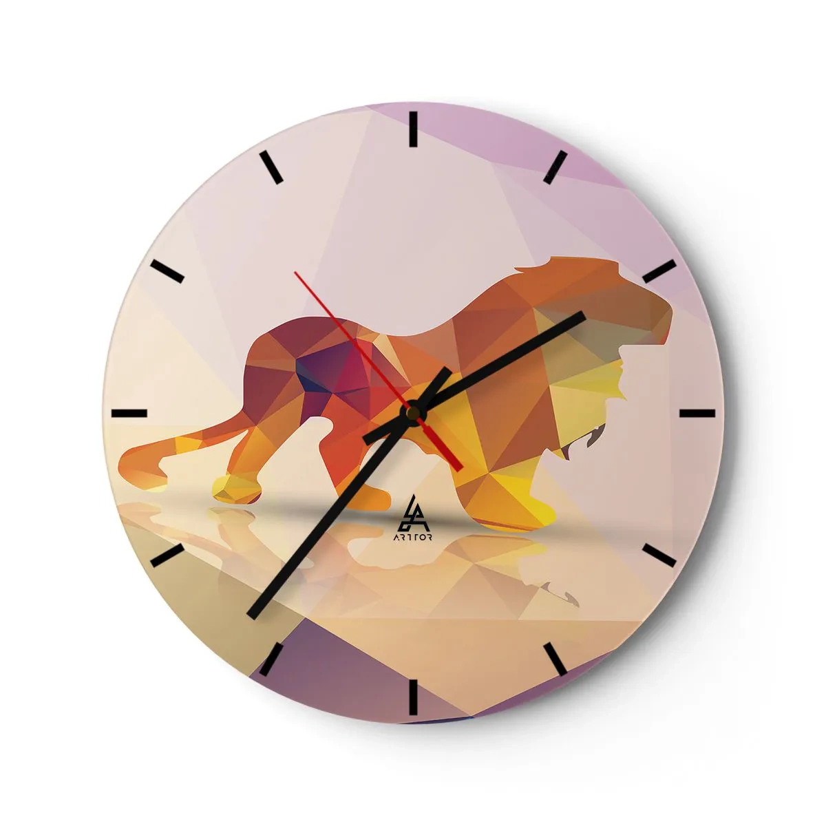 Wall clock - Clock on glass - Geometric lion in shades of yellow and purple - 30x30cm - Diamond King - Modern wall decoration for the living room, kitchen, and bedroom ARTTOR
