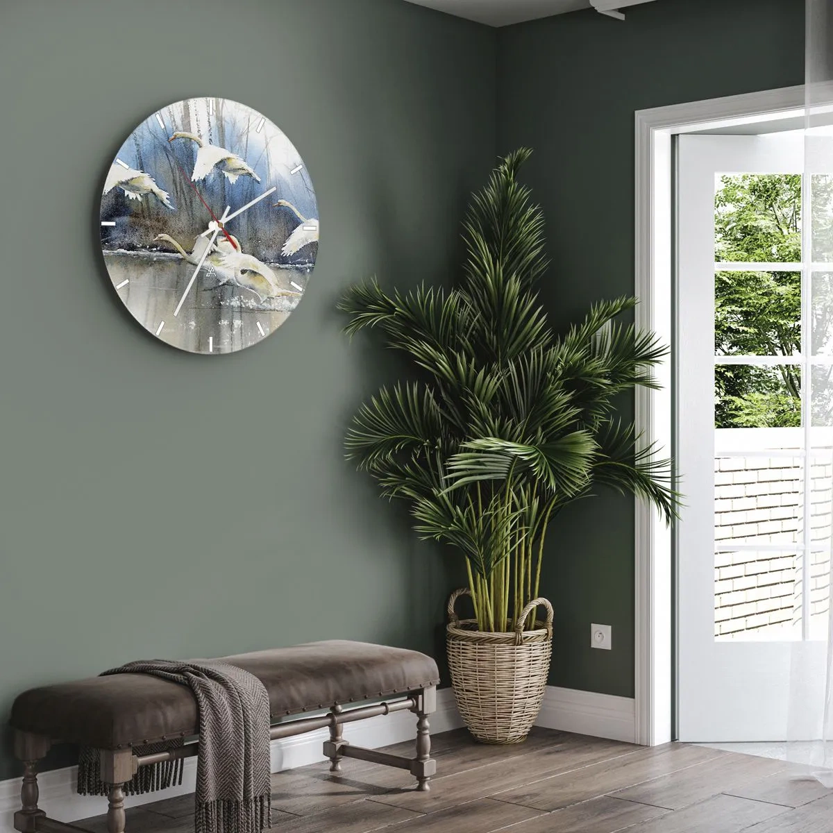 Wall clock - Clock on glass - Swans flying up from the lake surface with the forest in the background - 30x30cm - Like in a Fairy Tale about Wild Swans - Modern wall decoration for the living room, kitchen, and bedroom ARTTOR