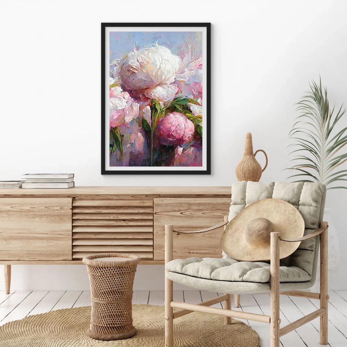 Poster in black frame - Peonies in a romantic, painterly composition - 50x70cm - Bouquet Bubbling with Life - Modern wall decoration for the living room and bedroom ARTTOR