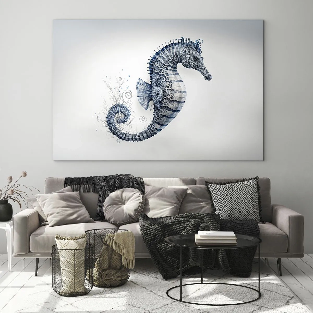 Glass picture - Blue seahorse on a light background in a drawing style - 70x50cm - Subtle Joke of Nature - Modern wall decoration for the living room and bedroom ARTTOR