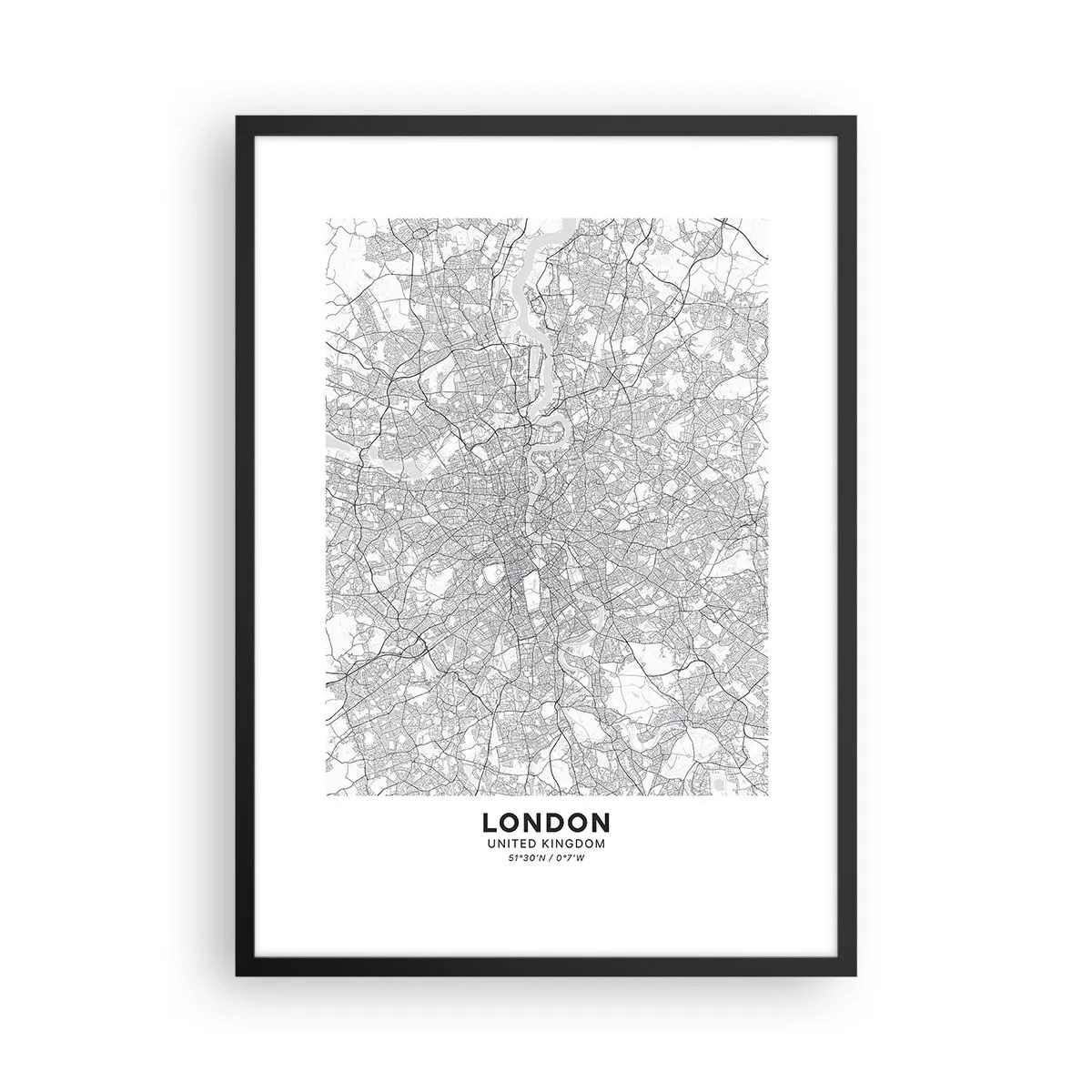Poster in black frame - Black and white map of London with accurate street details - 50x70cm - Map of London Maze - Modern wall decoration for the living room and bedroom ARTTOR