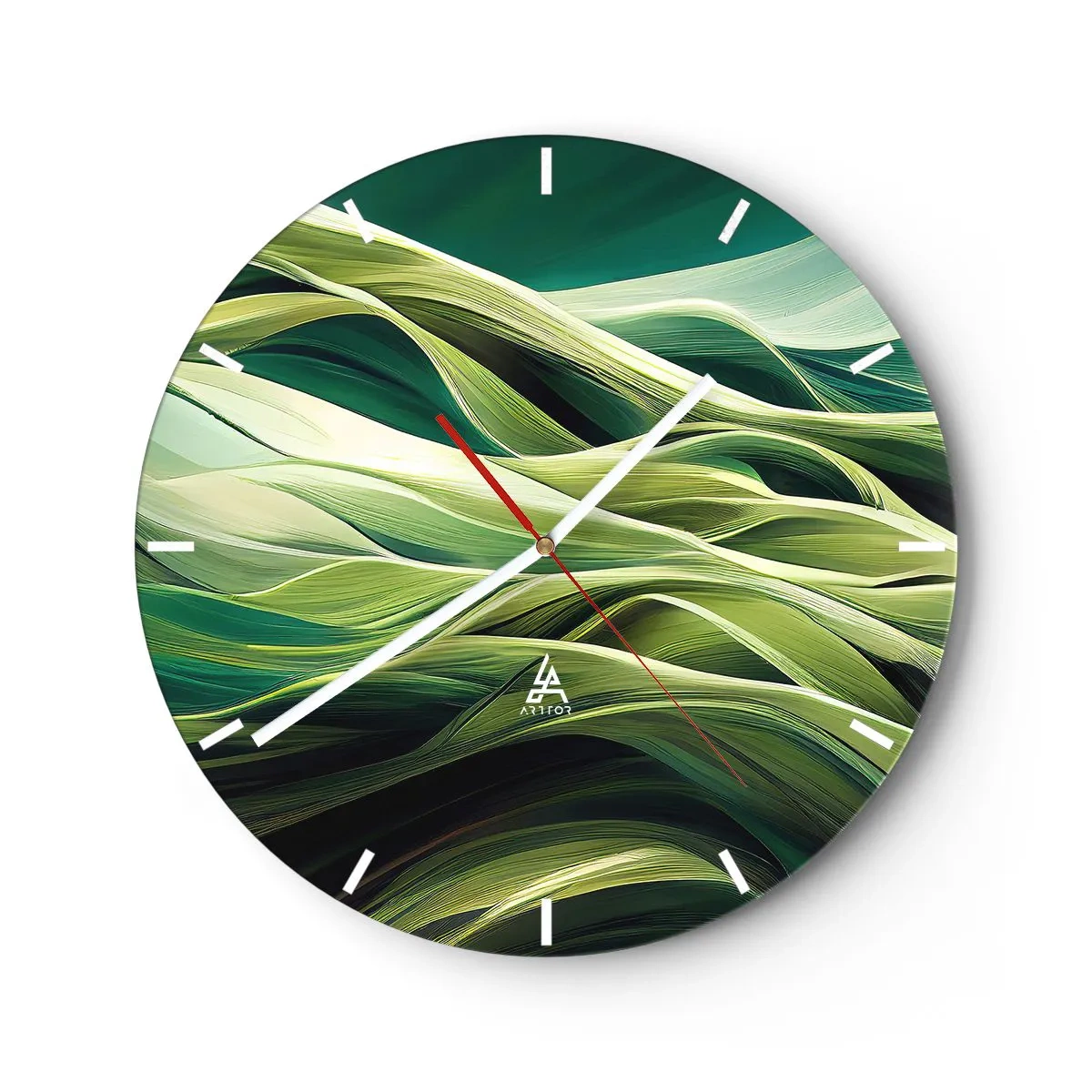 Wall clock - Clock on glass - Green waves in an abstract, dynamic composition - 30x30cm - Abstract Playing Green - Modern wall decoration for the living room, kitchen, and bedroom ARTTOR