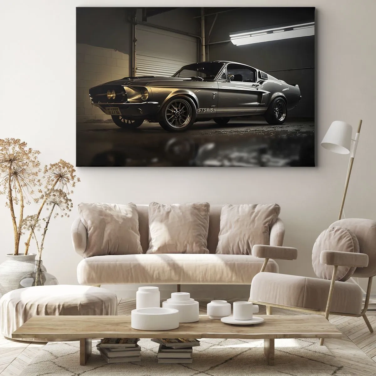 Canvas picture - Classic car in retro garage - 70x50cm - Back to the Future - Modern wall decoration for the living room and bedroom ARTTOR