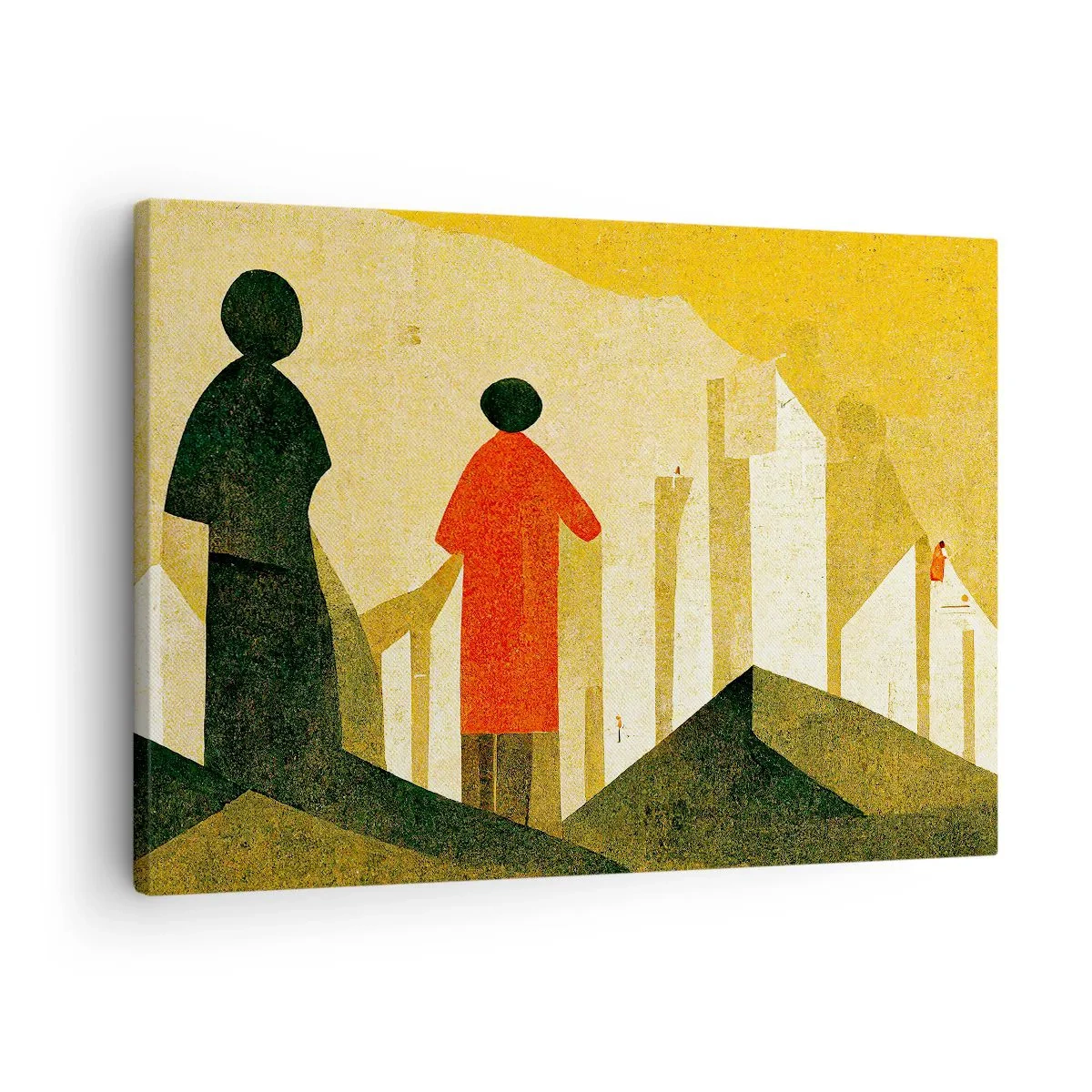 Canvas picture - Geometric silhouettes in red and green on a yellow background - 70x50cm - Still a Long Way - Modern wall decoration for the living room and bedroom ARTTOR