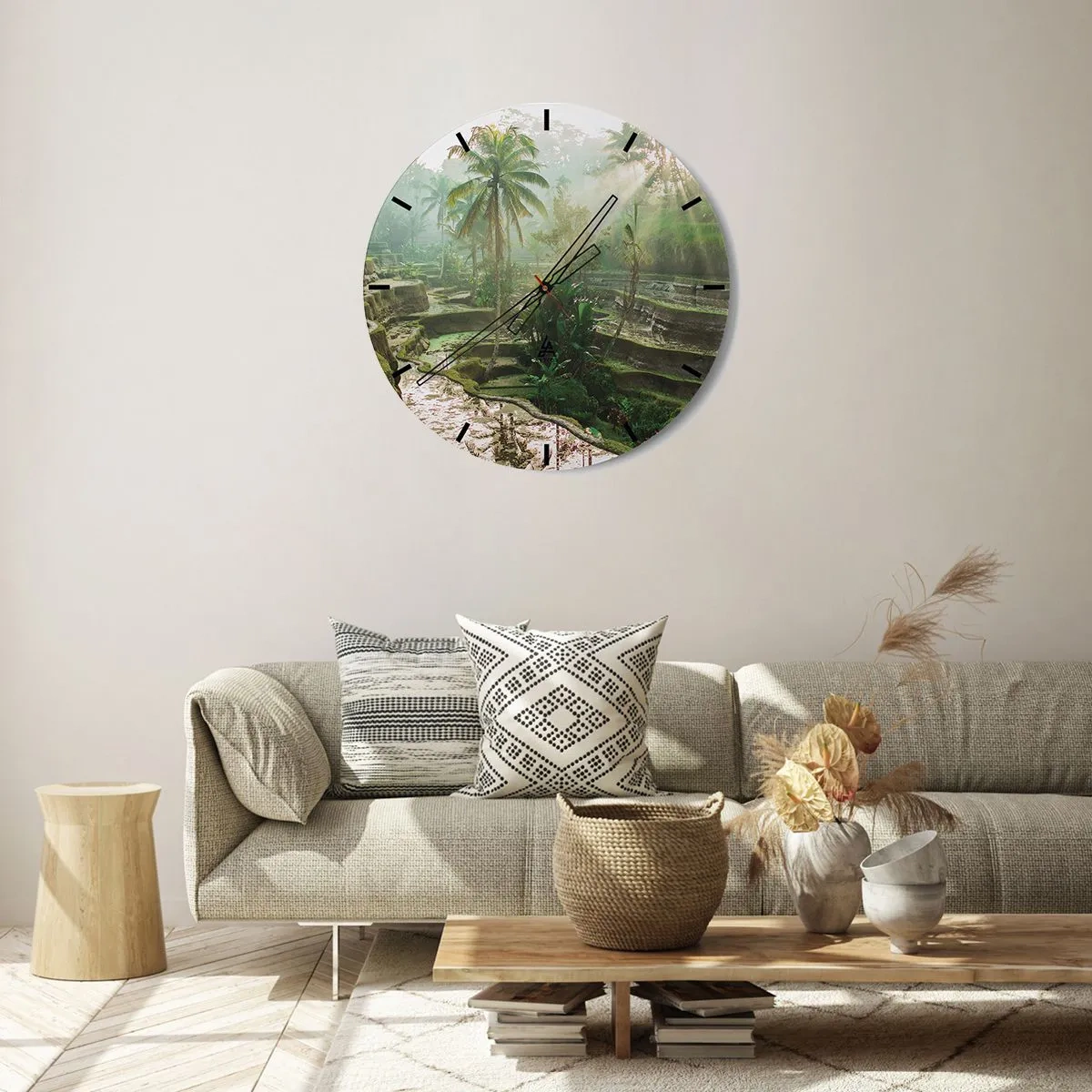 Wall clock - Clock on glass - Rice terraces in a tropical landscape on a foggy morning - 30x30cm - Maturing in the Sun - Modern wall decoration for the living room, kitchen, and bedroom ARTTOR