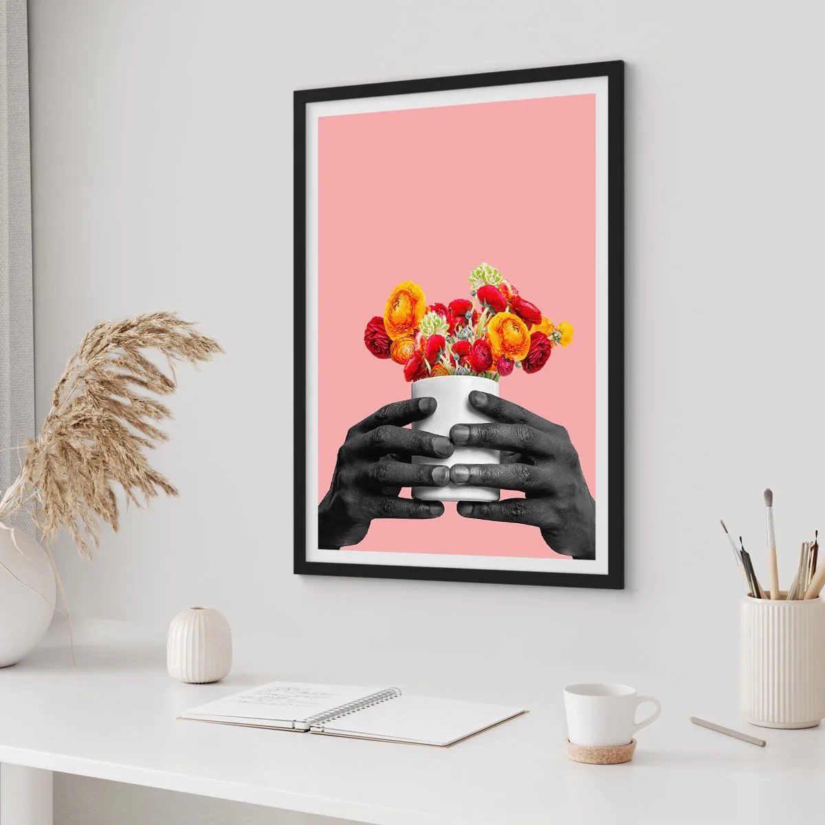 Poster in black frame - Black hands holding a bouquet of flowers on a pink background - 50x70cm - Apotheosis of Life - Modern wall decoration for the living room and bedroom ARTTOR