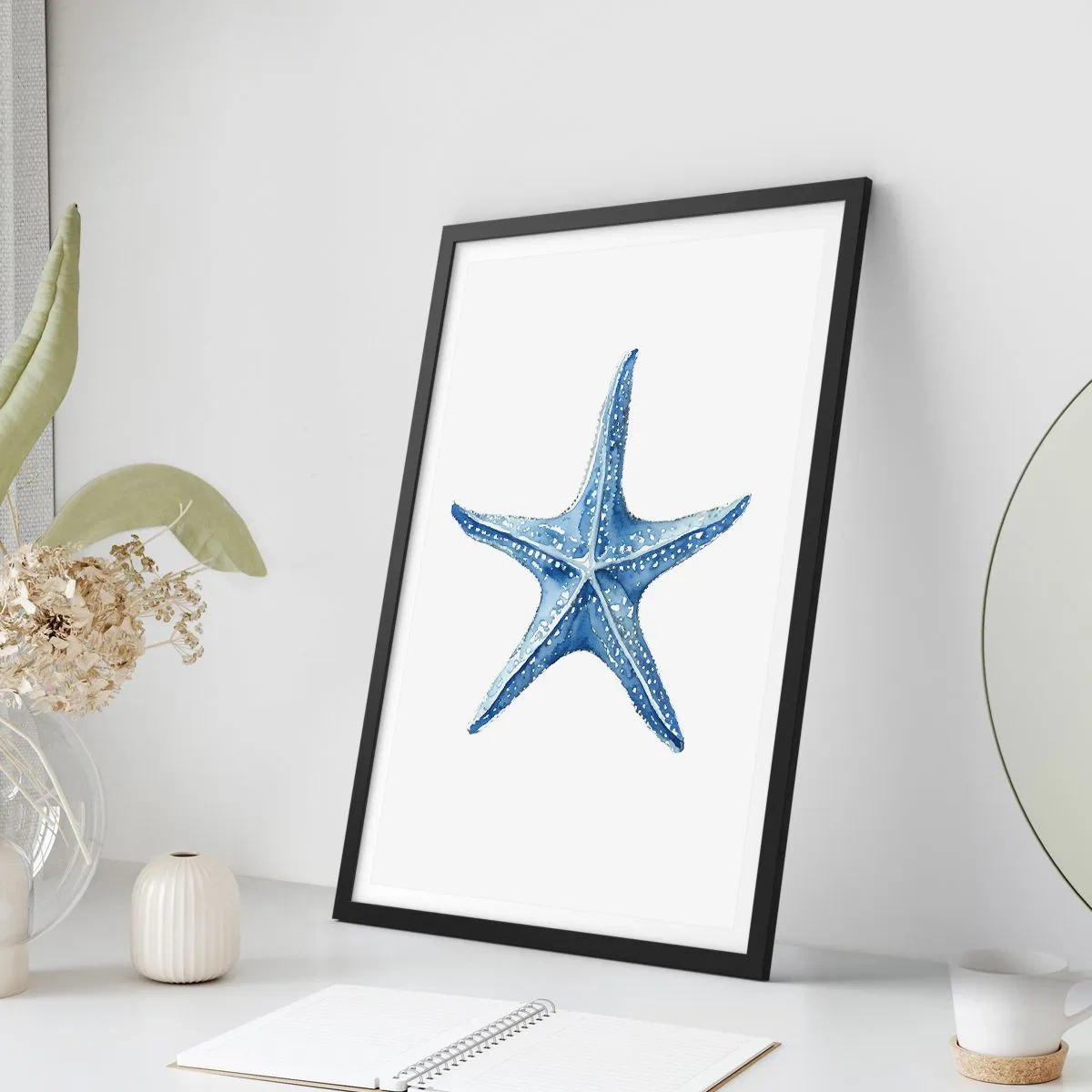 Poster in black frame - Blue starfish on a white background - 50x70cm - Sea Star - Modern wall decoration for the living room and bedroom ARTTOR