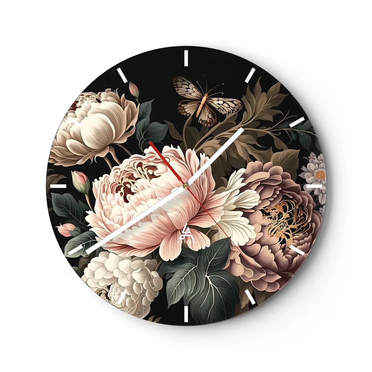 Wall clock - Clock on glass - Rose peonies and a butterfly on a black background in a classic style - 30x30cm - Baroque Style - Modern wall decoration for the living room, kitchen, and bedroom ARTTOR