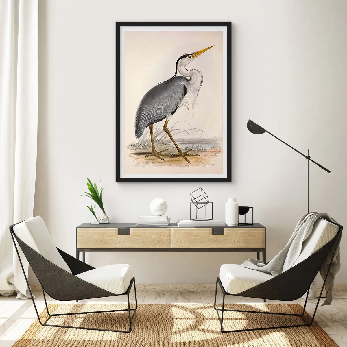 Poster in black frame - Heron's Grace - 50x70cm - Charm of a Heron - Modern wall decoration for the living room and bedroom ARTTOR