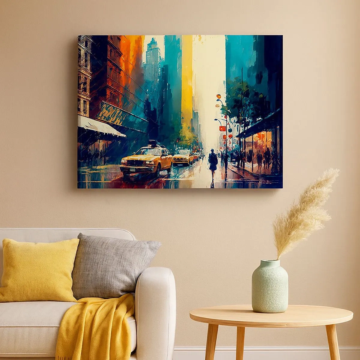 Canvas picture - A bustling city with taxis and passersby - 70x50cm - New York - Even Rain Is Colourful - Modern wall decoration for the living room and bedroom ARTTOR