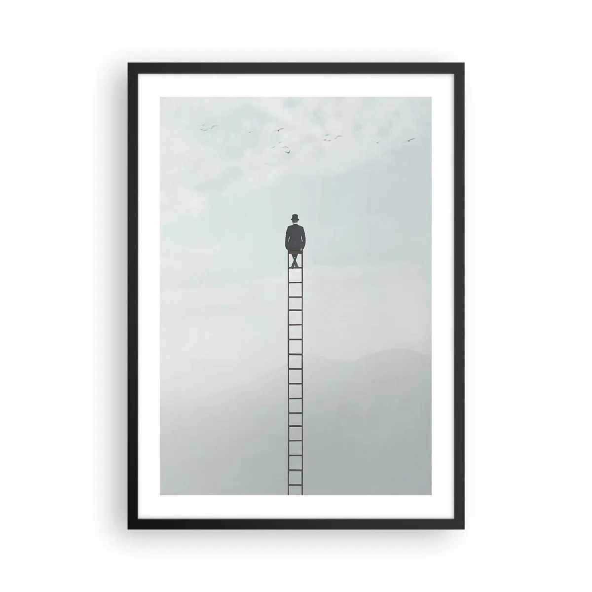 Poster in black frame - Man on a ladder looking at the sky - 50x70cm - Rise above It - Modern wall decoration for the living room and bedroom ARTTOR