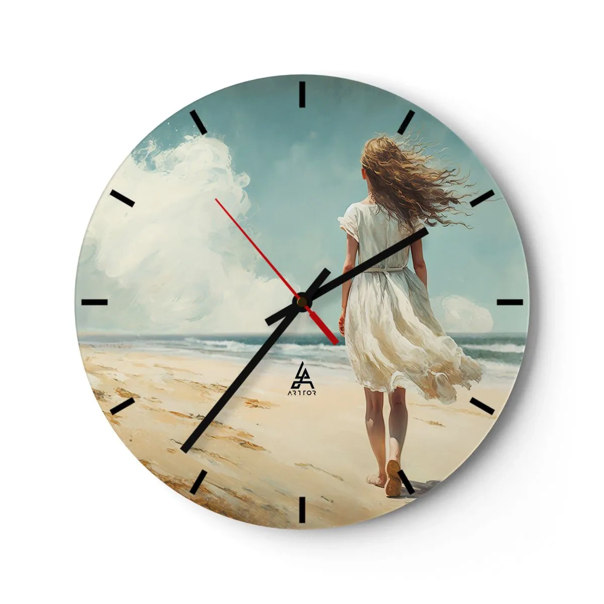 Wall clock - Clock on glass - A woman in a white dress walking barefoot on the beach - 30x30cm - Meeting the Sun aand the Wind - Modern wall decoration for the living room, kitchen, and bedroom ARTTOR