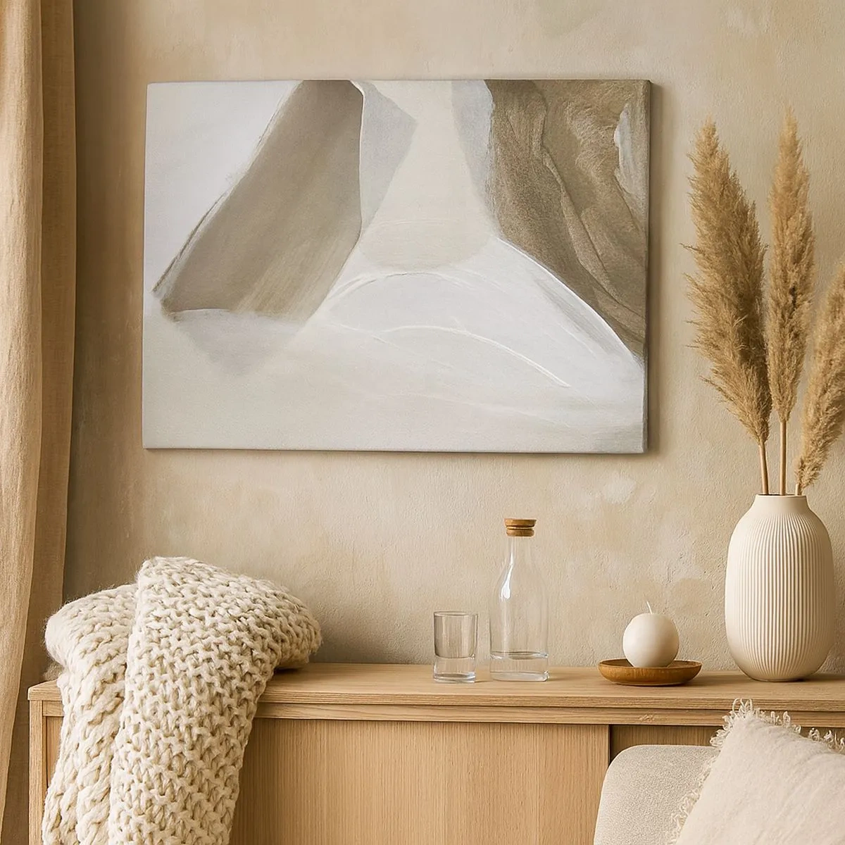 Canvas picture - Delicate abstraction in shades of beige and white - 70x50cm - Waves of White - Modern wall decoration for the living room and bedroom ARTTOR