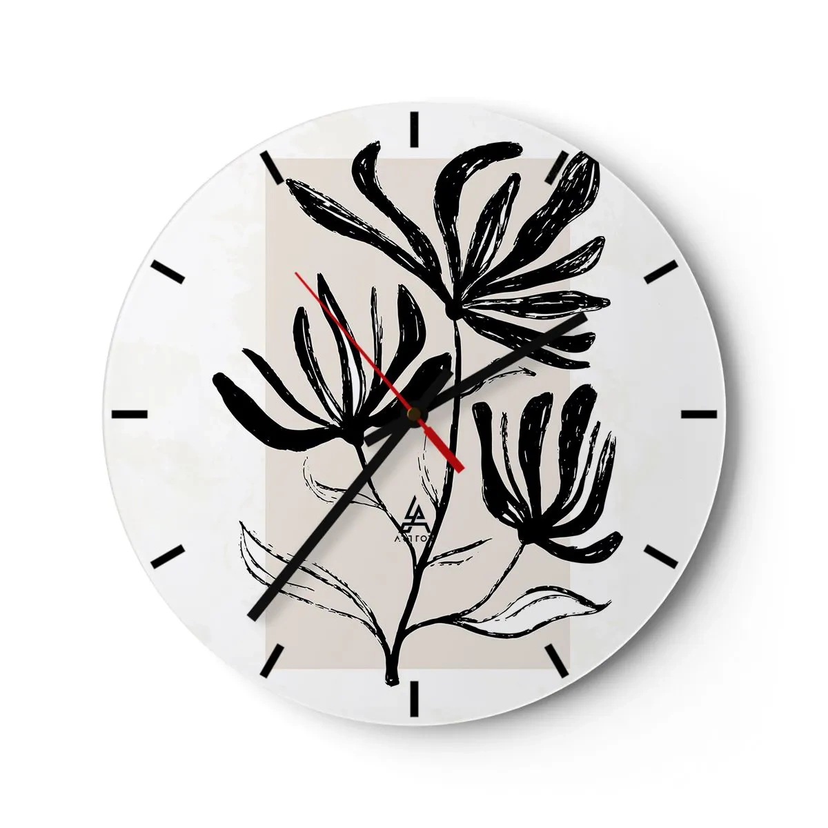 Wall clock - Clock on glass - A black sketch of a plant on a light background with a beige accent. - 30x30cm - Sketch for a Herbarium - Modern wall decoration for the living room, kitchen, and bedroom ARTTOR