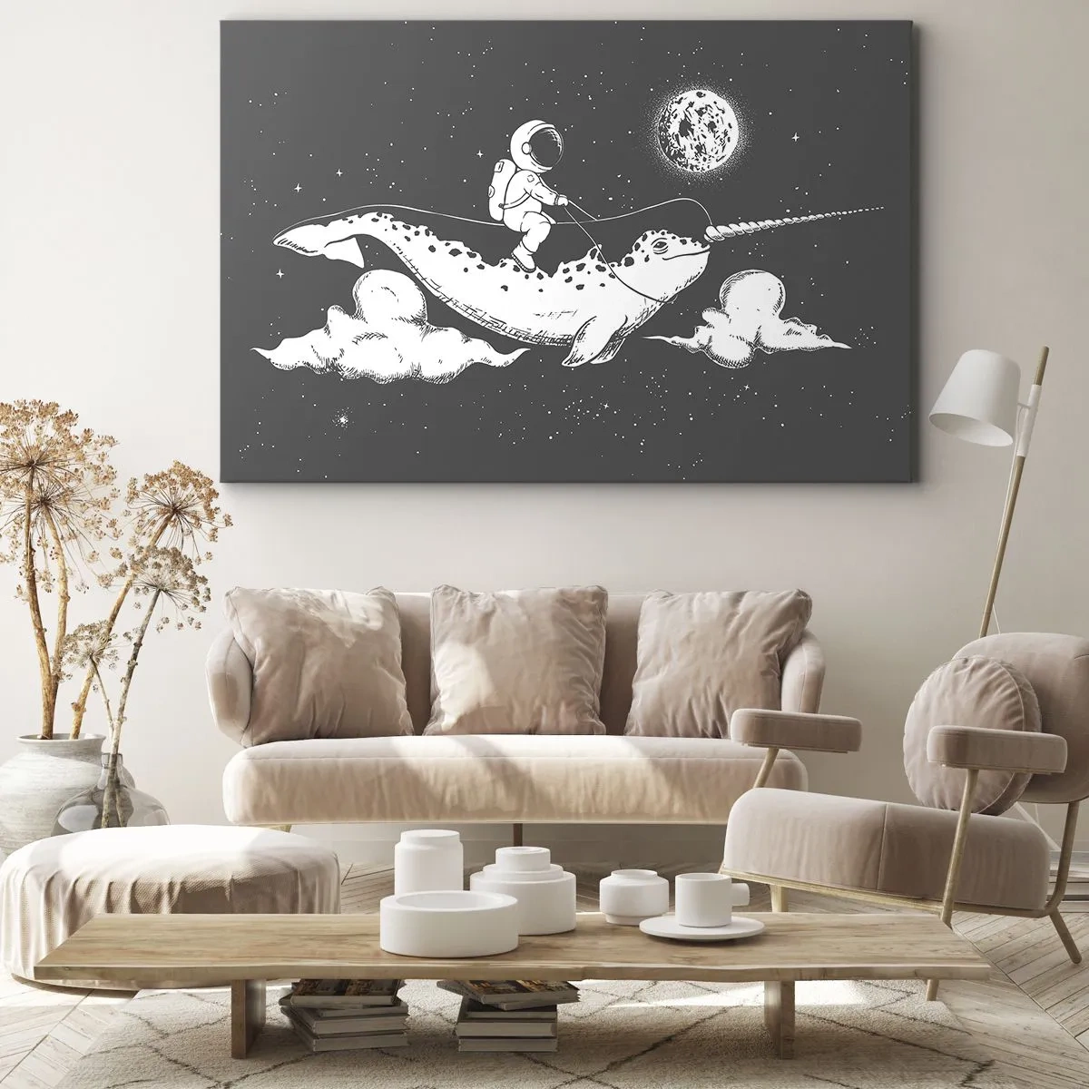 Canvas picture - An astronaut on the back of a narwhal floating in a space scene. - 70x50cm - Space Rider - Modern wall decoration for the living room and bedroom ARTTOR
