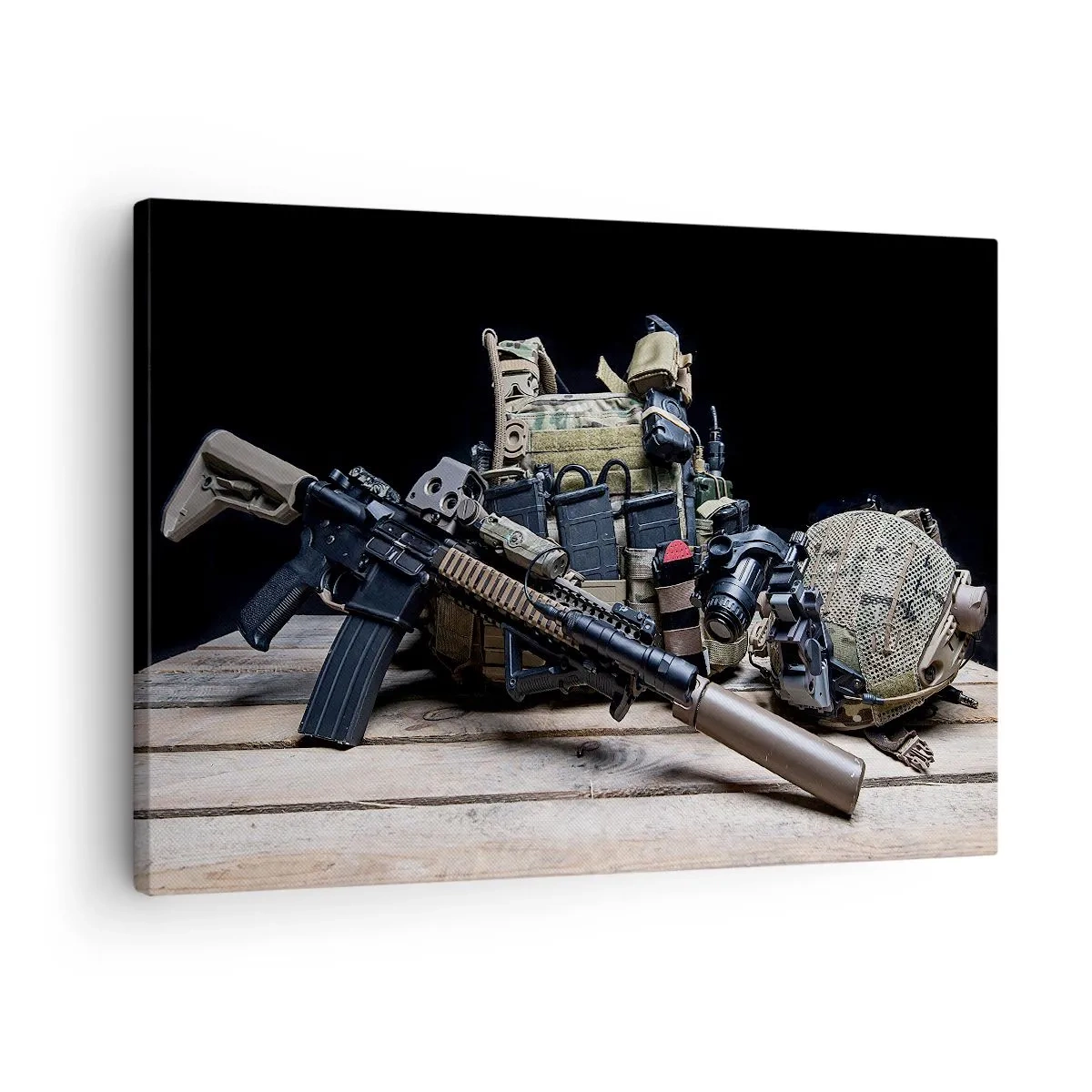 Canvas picture - Tactical equipment with a rifle on a wooden table - 70x50cm - At Ease - Modern wall decoration for the living room and bedroom ARTTOR