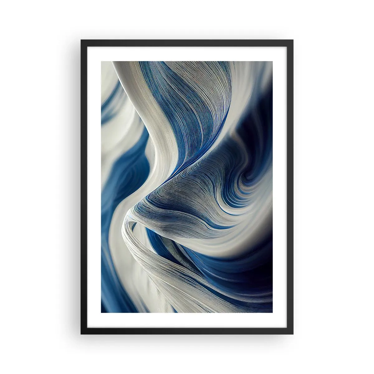 Poster in black frame - Abstract waves in shades of navy blue and white - 50x70cm - Fluidity of Blue and White - Modern wall decoration for the living room and bedroom ARTTOR