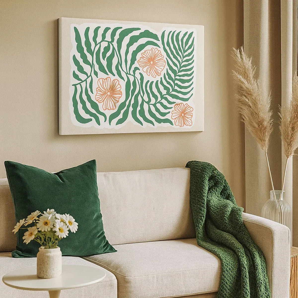 Canvas picture - A minimalist motif of green leaves with flowers in shades of orange. - 70x50cm - Blossoming in Green - Modern wall decoration for the living room and bedroom ARTTOR
