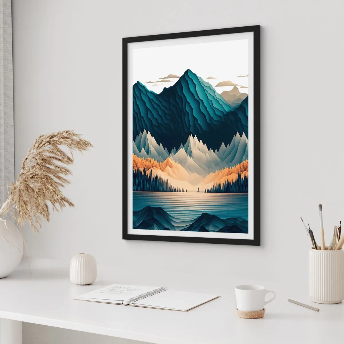 Poster in black frame - Stylized mountain landscape with a lake in shades of blue - 50x70cm - Perfect Mountain Landscape - Modern wall decoration for the living room and bedroom ARTTOR