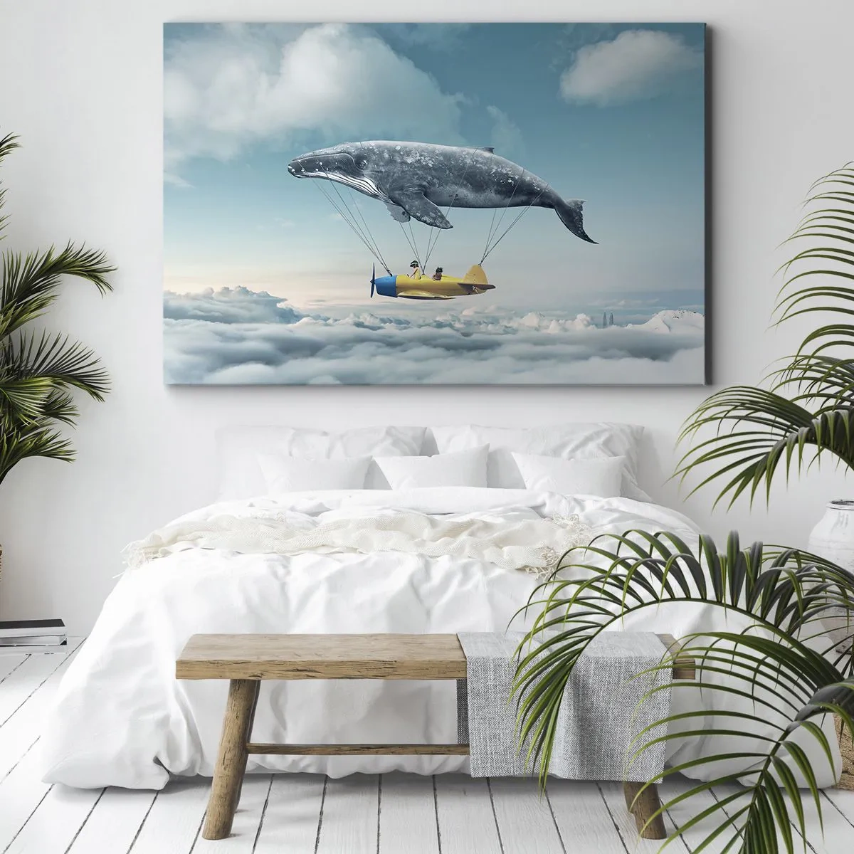 Canvas picture - A flying whale carries a plane in a surreal setting. - 70x50cm - Why Not? - Modern wall decoration for the living room and bedroom ARTTOR
