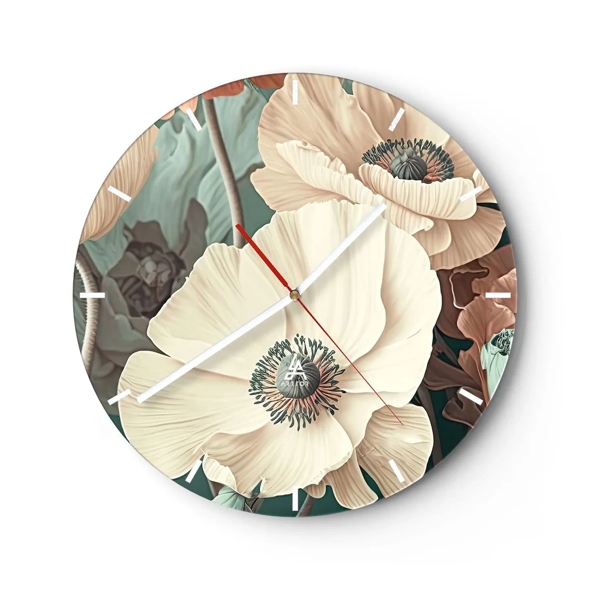 Wall clock - Clock on glass - Cream poppy flowers against a background of leaves in a muted, pastel palette - 30x30cm - Whisper of the Poppies - Modern wall decoration for the living room, kitchen, and bedroom ARTTOR