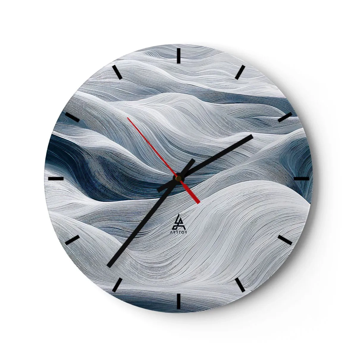 Wall clock - Clock on glass - Graphic, wavy lines in white and blue tones - 30x30cm - White and Blue Waves - Modern wall decoration for the living room, kitchen, and bedroom ARTTOR