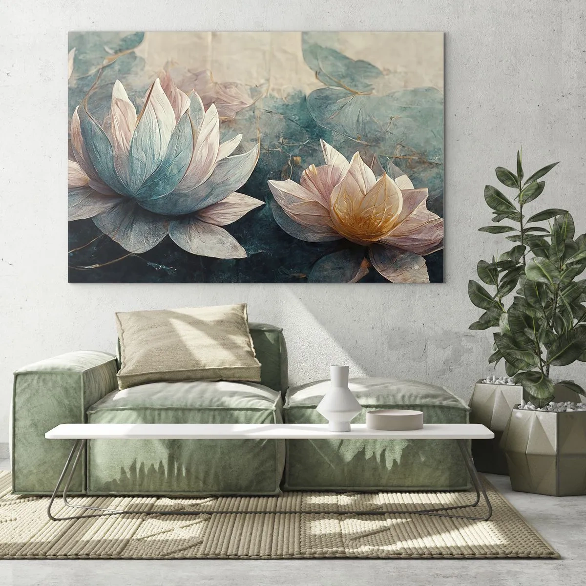 Glass picture - Artistic representation of lotus flowers against a background of water leaves. - 70x50cm - Stars of the Lake - Modern wall decoration for the living room and bedroom ARTTOR
