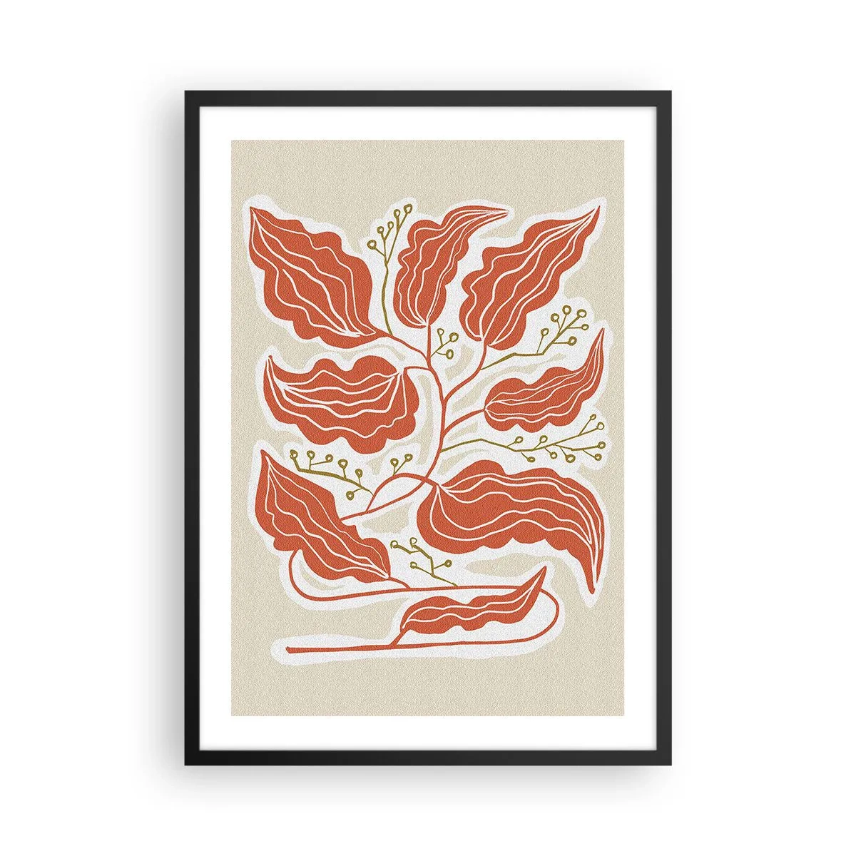 Poster in black frame - An abstract composition of leaves in shades of orange and beige. - 50x70cm - Folk and Coral - Modern wall decoration for the living room and bedroom ARTTOR