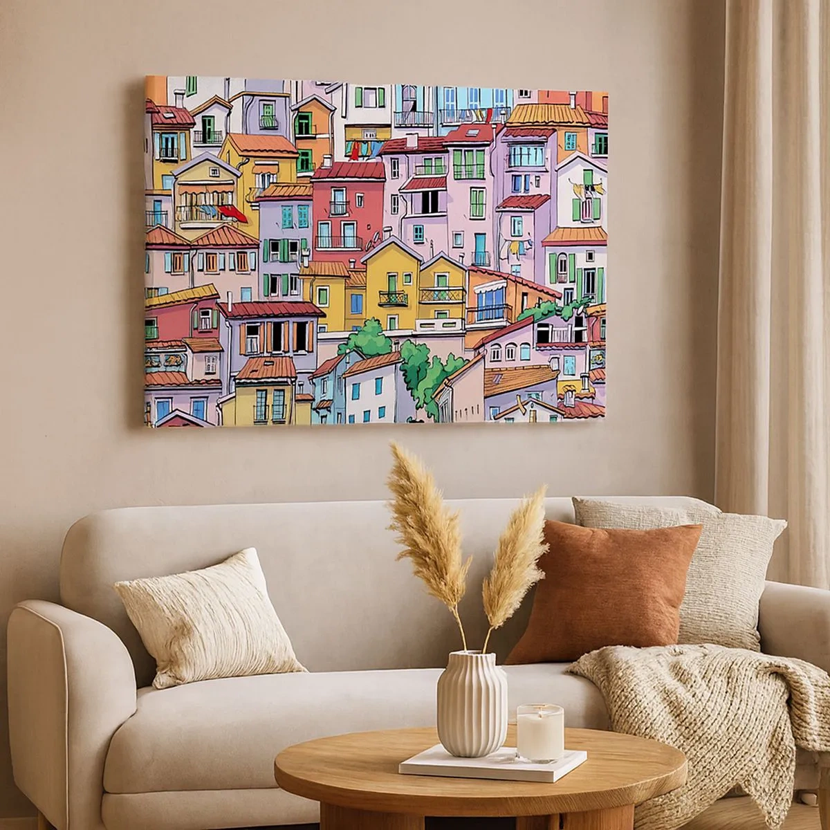 Canvas picture - Colorful tenement houses in a lively, cheerful style - 70x50cm - Merry City - Modern wall decoration for the living room and bedroom ARTTOR