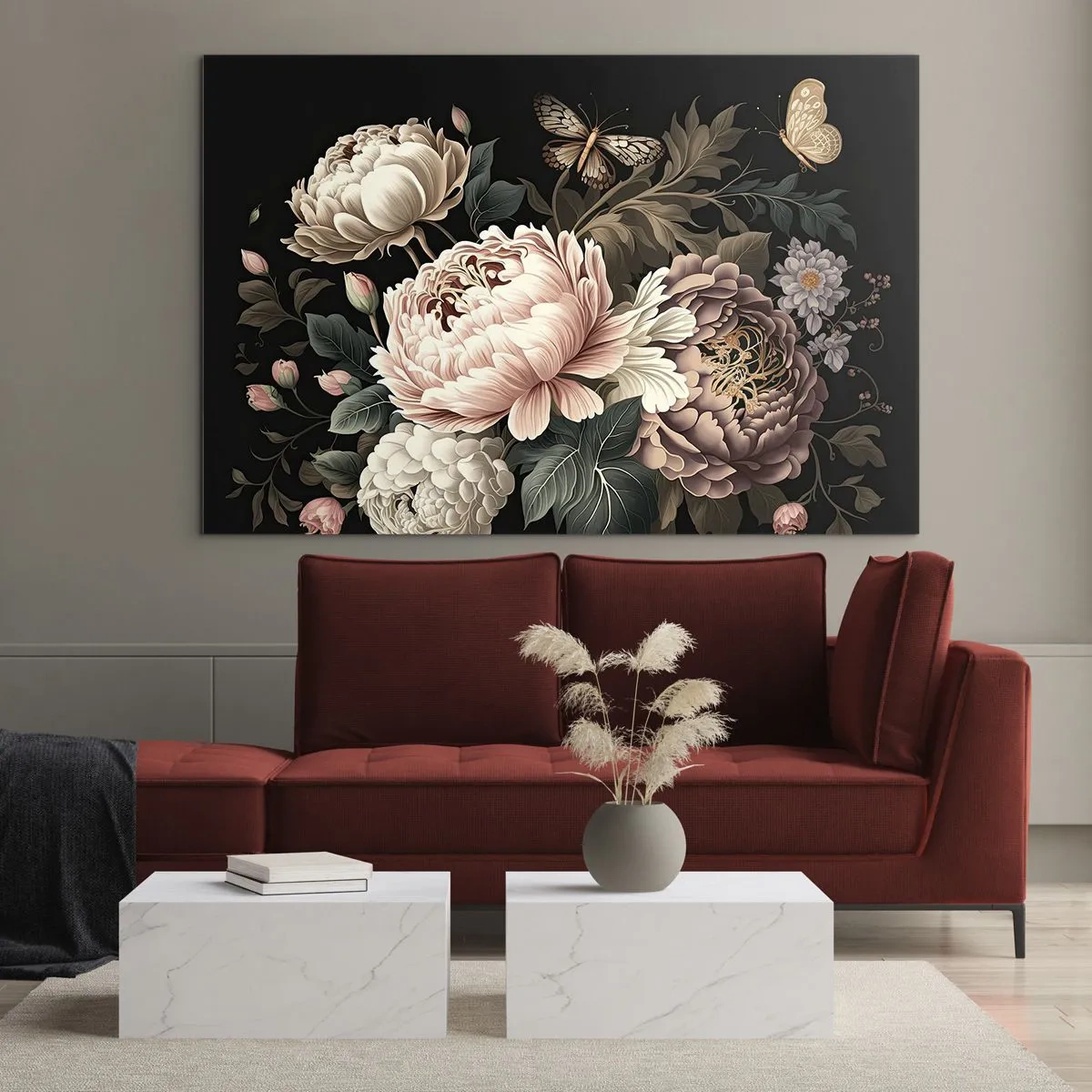 Glass picture - Floral composition with butterflies on a black background - 70x50cm - Baroque Style - Modern wall decoration for the living room and bedroom ARTTOR