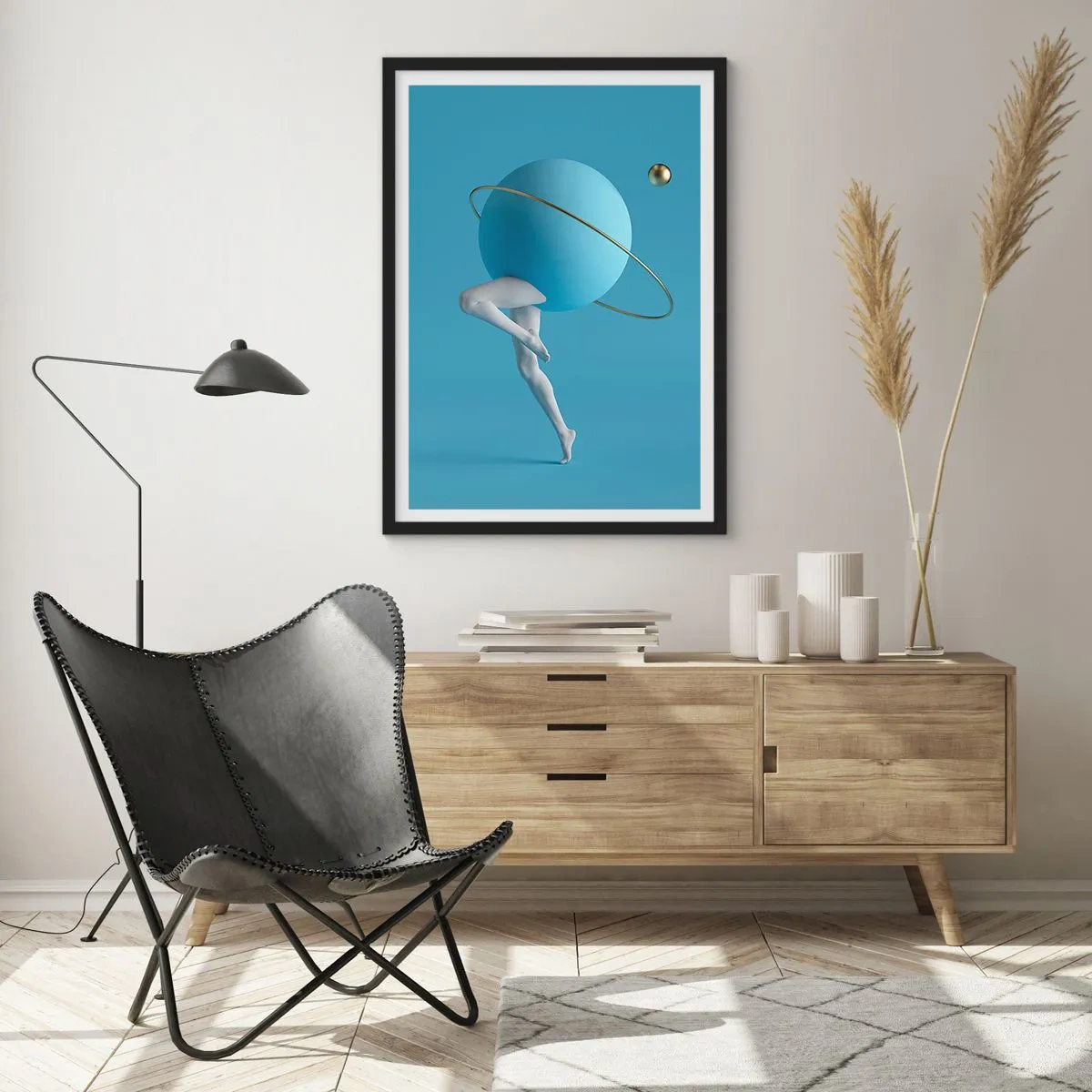 Poster in black frame - A figure with a planet for a head in a surrealistic composition - 50x70cm - And Planets Are Going Crazy - Modern wall decoration for the living room and bedroom ARTTOR