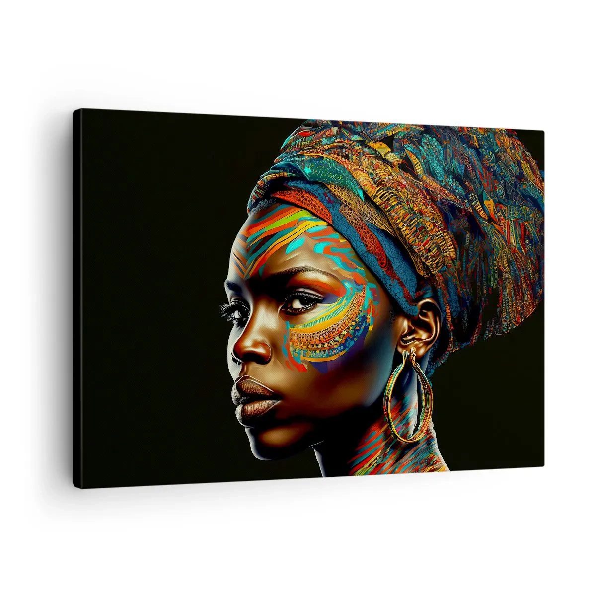 Canvas picture - Portrait of a woman with a colorful pattern and a turban - 70x50cm - African Queen - Modern wall decoration for the living room and bedroom ARTTOR