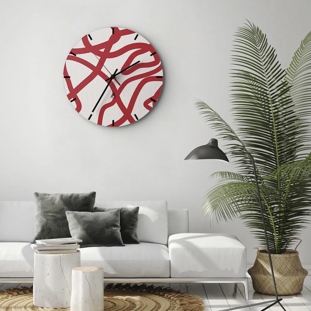 Wall clock - Clock on glass - Abstract red lines winding across a white background in a dynamic arrangement. - 30x30cm - Red on White - Modern wall decoration for the living room, kitchen, and bedroom ARTTOR