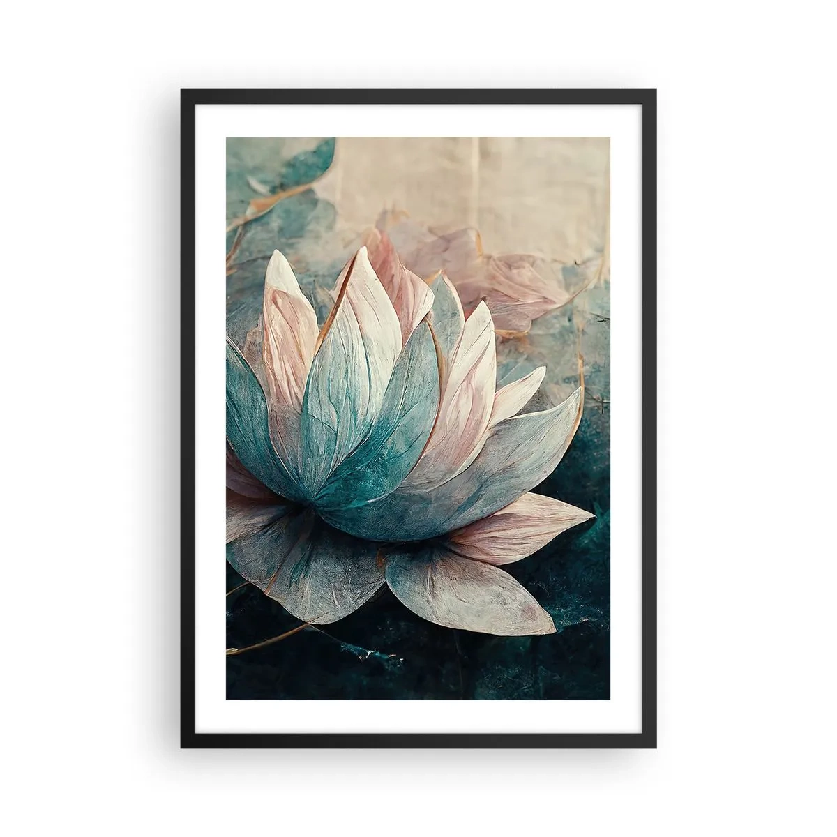 Poster in black frame - A delicate lotus flower with a mystical aura - 50x70cm - Stars of the Lake - Modern wall decoration for the living room and bedroom ARTTOR