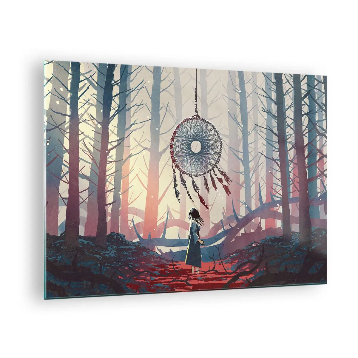Glass picture - A figure in the forest looks at a large dream catcher floating in the air. - 70x50cm - Mysterious Ritual of Life - Modern wall decoration for the living room and bedroom ARTTOR