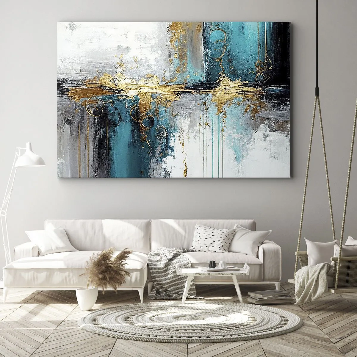 Canvas picture - An abstract composition with turquoise and gold accents. - 70x50cm - Everything Flows - Modern wall decoration for the living room and bedroom ARTTOR