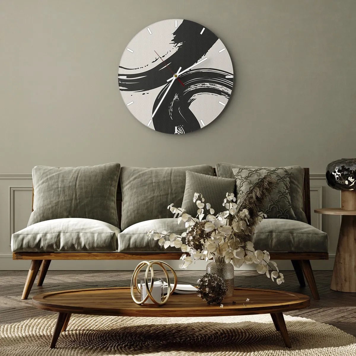 Wall clock - Clock on glass - Black sweeping strokes on a light background - 30x30cm - With Big Circural Strokes - Modern wall decoration for the living room, kitchen, and bedroom ARTTOR
