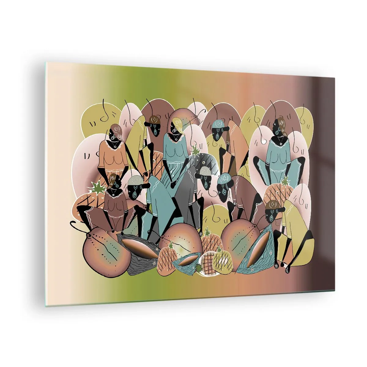 Glass picture - An abstract illustration of figures in shades of beige, green, and pink. - 70x50cm - Big Holiday Is Coming - Modern wall decoration for the living room and bedroom ARTTOR
