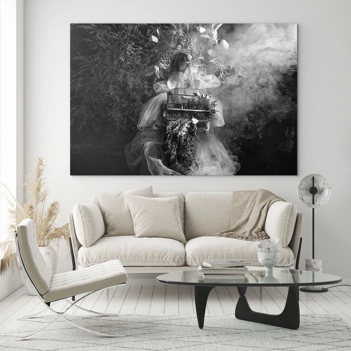 Glass picture - Woman in a tulle cage dress and plant crown in black and white - 70x50cm - Mother Nature - Modern wall decoration for the living room and bedroom ARTTOR