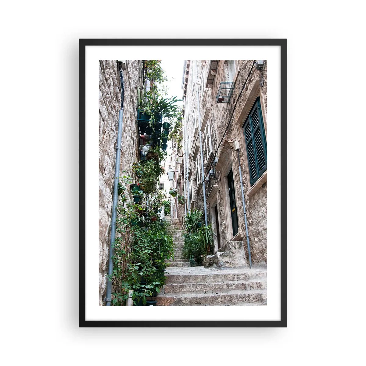 Poster in black frame - A stone street with lush vegetation and stairs - 50x70cm - Charm of Old Town - Modern wall decoration for the living room and bedroom ARTTOR
