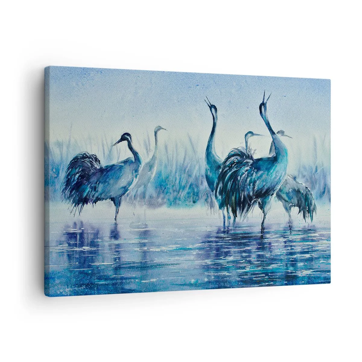 Canvas picture - Cranes against the background of fog and water in blue tones - 70x50cm - Morning Encounter - Modern wall decoration for the living room and bedroom ARTTOR