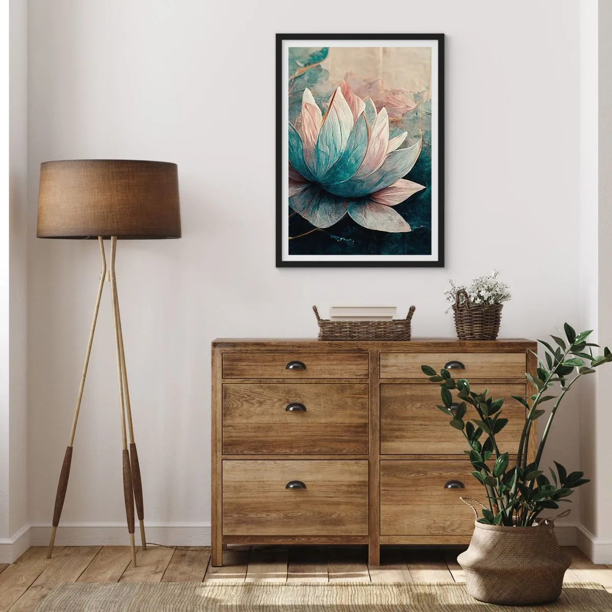 Poster in black frame - A delicate lotus flower with a mystical aura - 50x70cm - Stars of the Lake - Modern wall decoration for the living room and bedroom ARTTOR