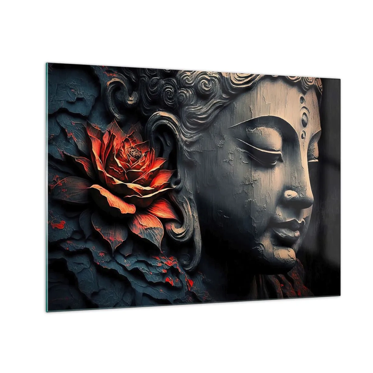Glass picture - Profile of a meditating figure with a red flower against a dark background. - 70x50cm - In Harmony with the World - Modern wall decoration for the living room and bedroom ARTTOR