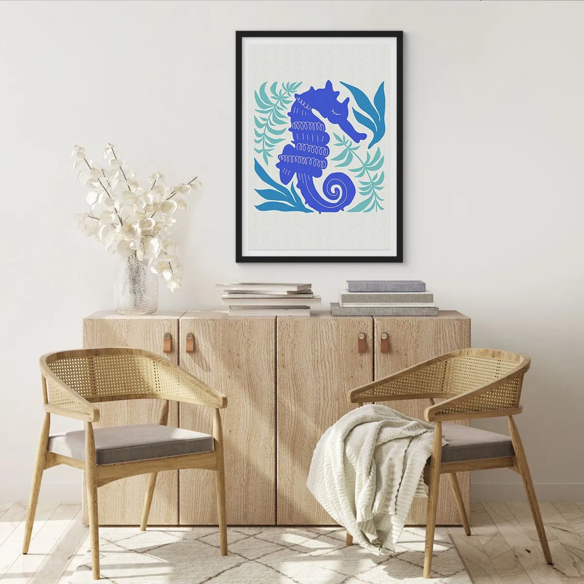 Poster in black frame - A stylized seahorse surrounded by vegetation. - 50x70cm - In Underwater Meadow - Modern wall decoration for the living room and bedroom ARTTOR