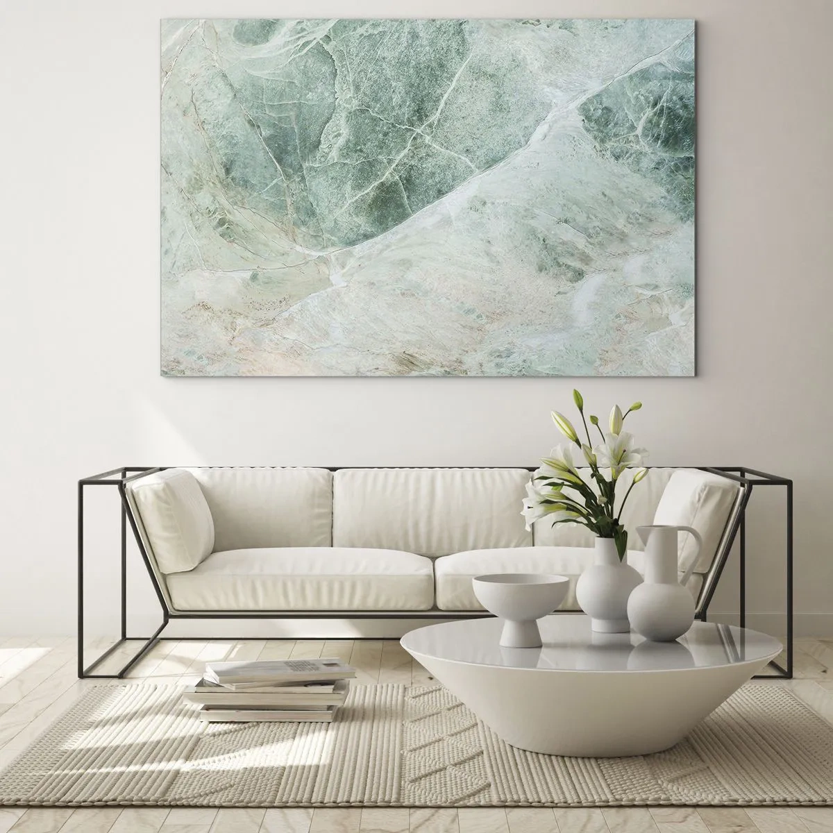 Glass picture - Green-beige texture resembling natural stone - 70x50cm - Noble Coolness of a Stone - Modern wall decoration for the living room and bedroom ARTTOR