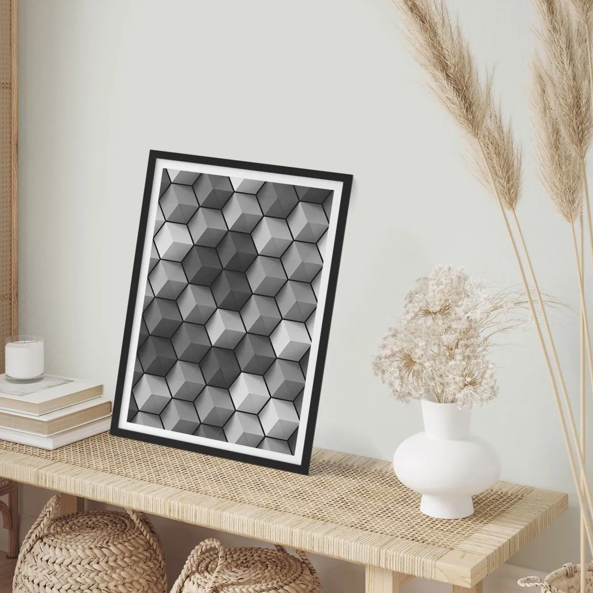 Poster in black frame - Black and white composition of 3D geometric cubes - 50x70cm - Cubist Jigsaw - Modern wall decoration for the living room and bedroom ARTTOR
