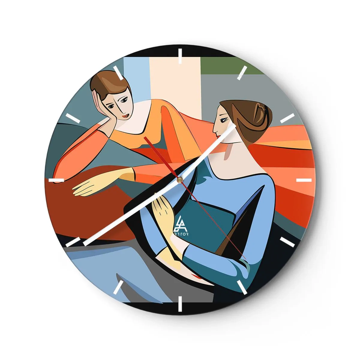 Wall clock - Clock on glass - Two women in a geometric style on a colorful background - 30x30cm - Time for Confession - Modern wall decoration for the living room, kitchen, and bedroom ARTTOR