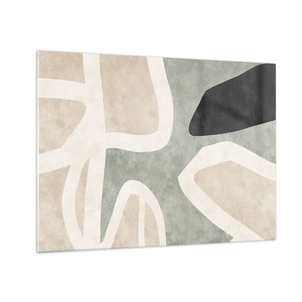 Glass picture - Abstract shapes in beige and green with a touch of black - 70x50cm - Composition with a Black Motif - Modern wall decoration for the living room and bedroom ARTTOR