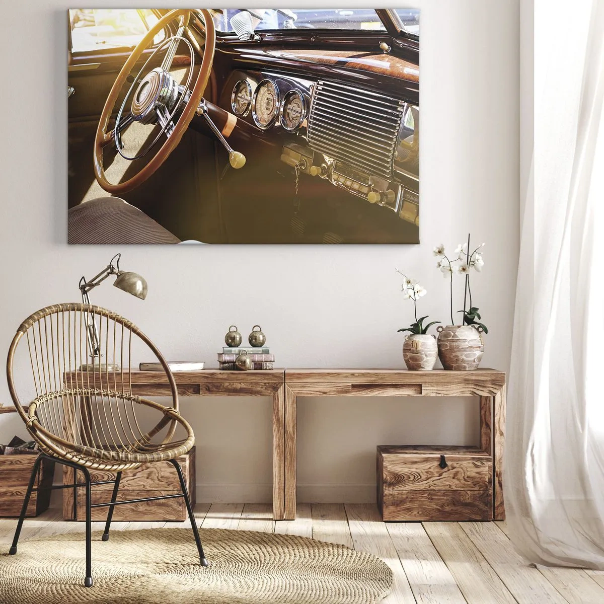 Canvas picture - Close-up of a classic car interior with wood and chrome details. - 70x50cm - Breath of Luxury form the Past - Modern wall decoration for the living room and bedroom ARTTOR